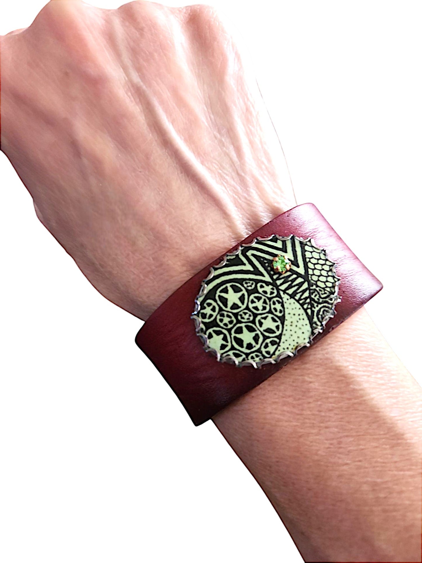 Green Doodle Decal Leather Cuff