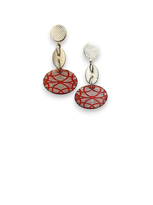 Red Laser Engraved & Silver Earrings