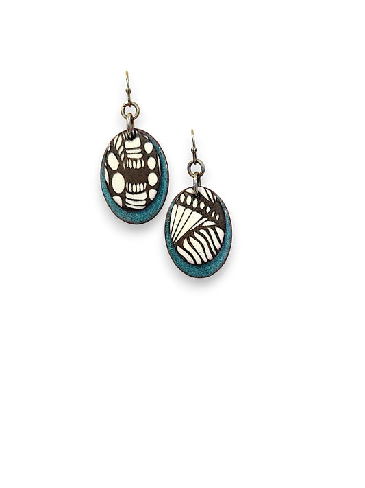 Teal, White & Black Oval Earrings